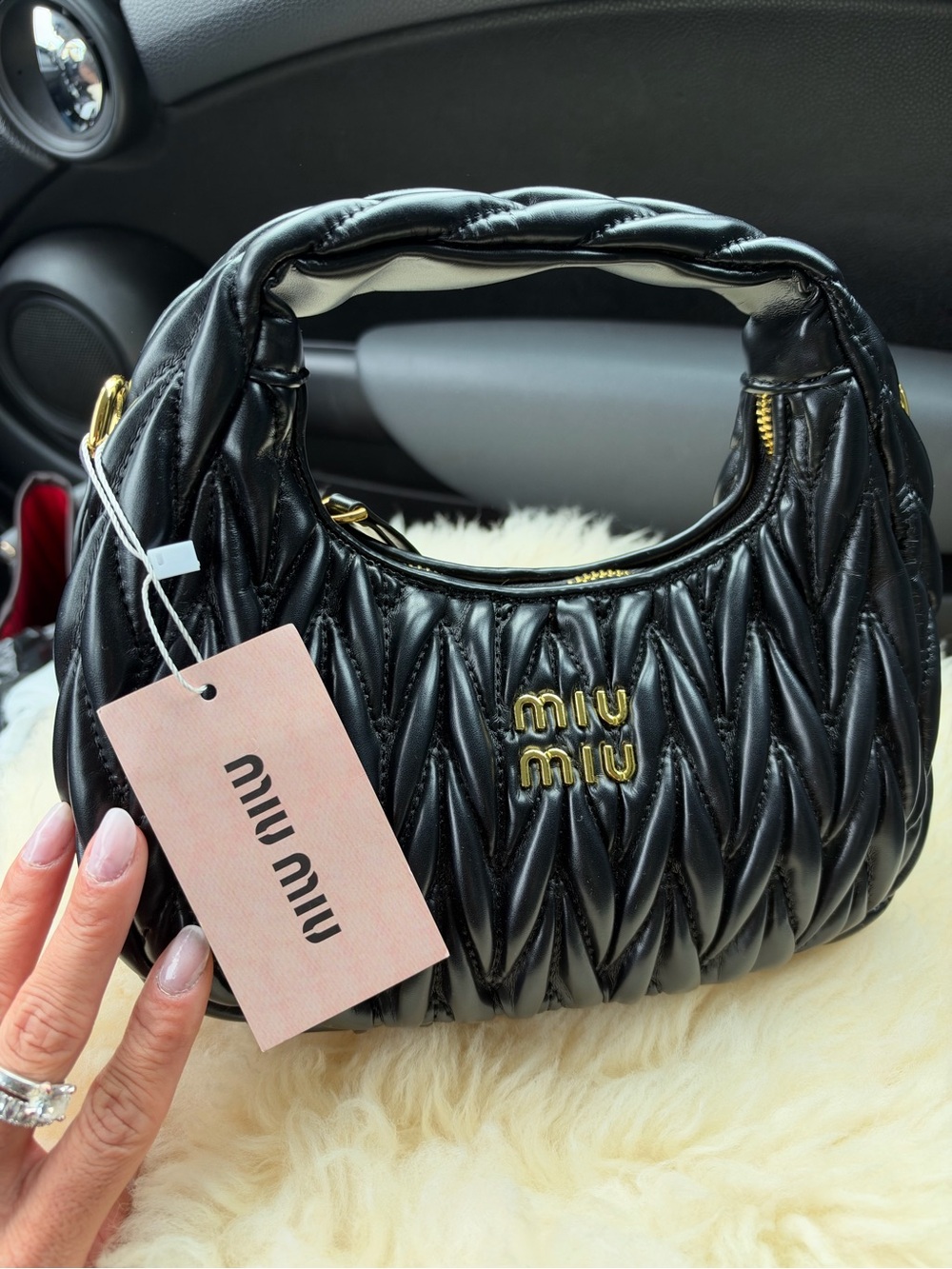 Miu Miu Black Matelassé Leather Mini Hobo with Gold Logo